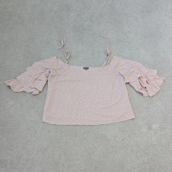 Vince Camuto Cold Shoulder Tiered Sleeve Pink & White Polka Dot Blouse Size XL - Picture 2 of 8